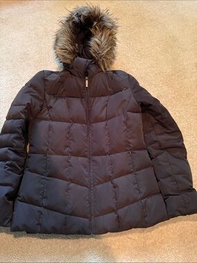 Calvin Klein Dark Blue Quilted Puffer Coat with Faux-Fur Hood